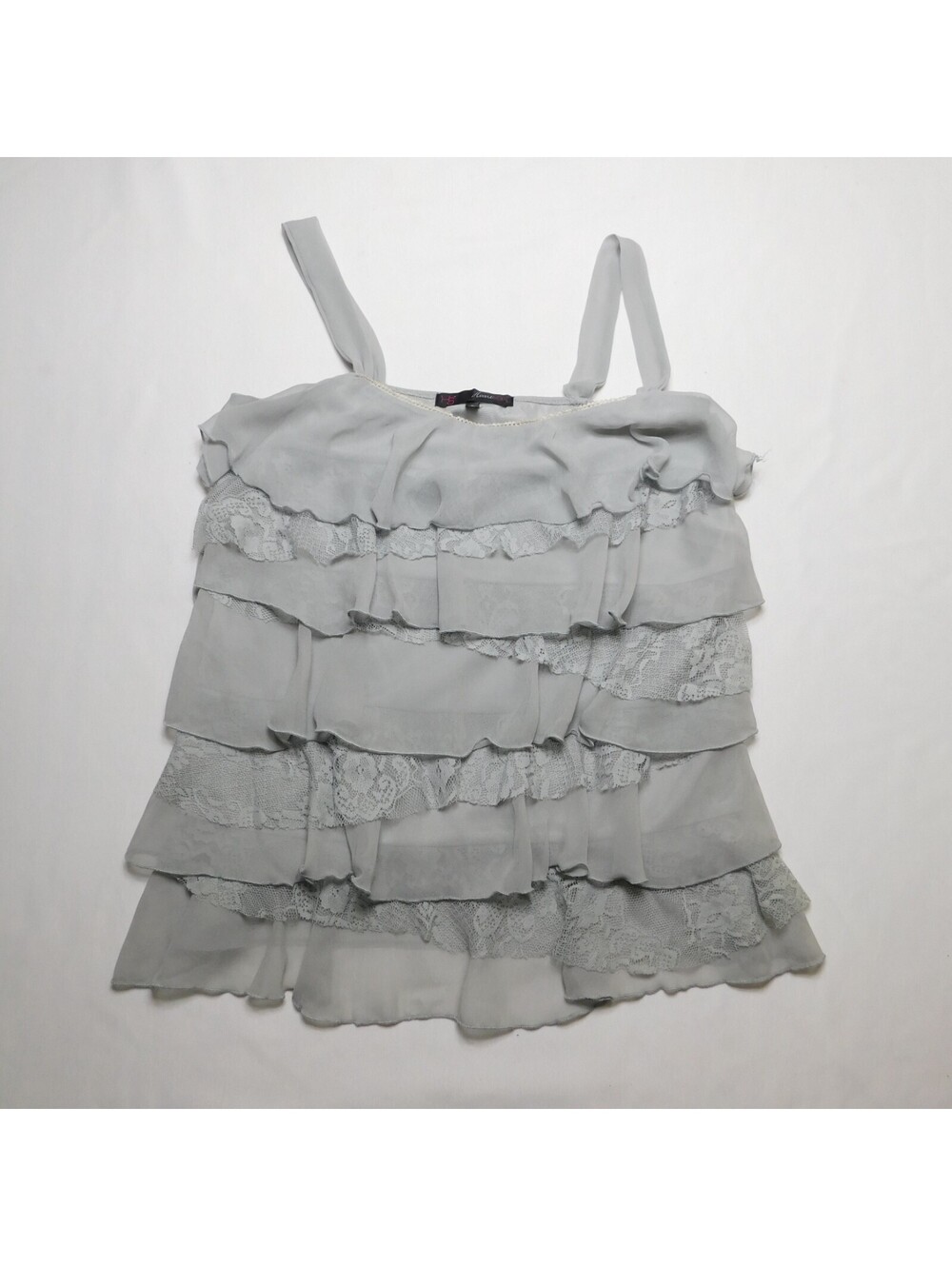 HeartSoul Gray Tiered Ruffle Cami Top Womens Medium M Lace Trim Chiffon Tank